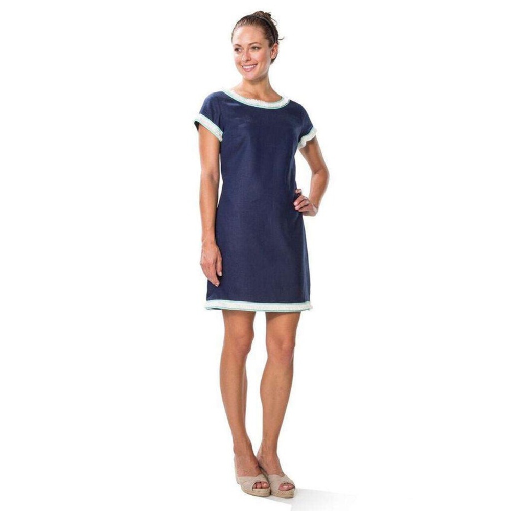 STS Sail to sable navy Linen Shift Dress with Fringe Trim size 6 cruise nautical - Picture 9 of 9